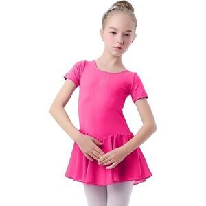 Dance Leotard Dress Hot Pink Medium Child Bow Back Short Sleeve Cotton
